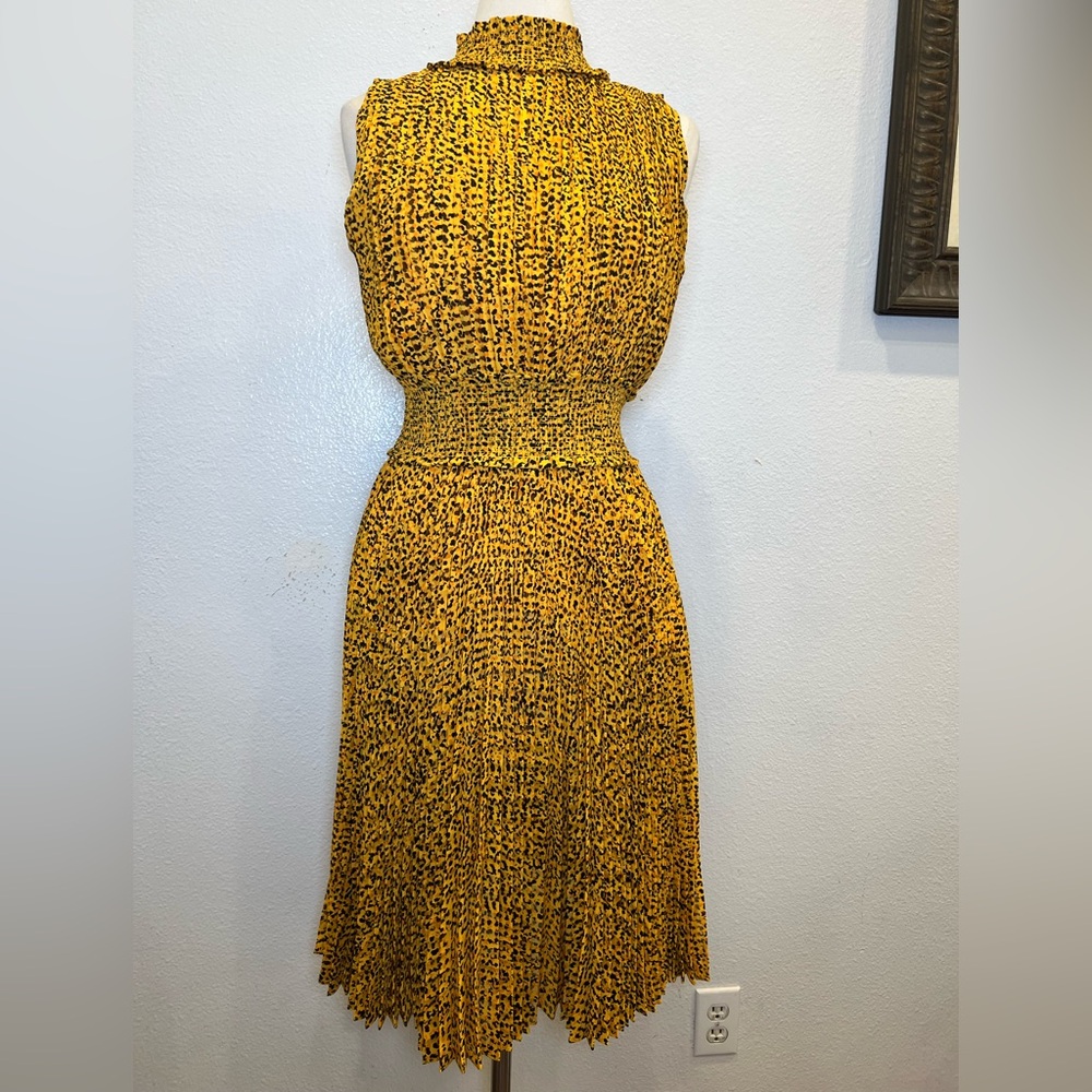 NANETTE LEPORE Antro Midi Pleated‎ Mustard Yellow Black Dress Animal Print Sz 10
